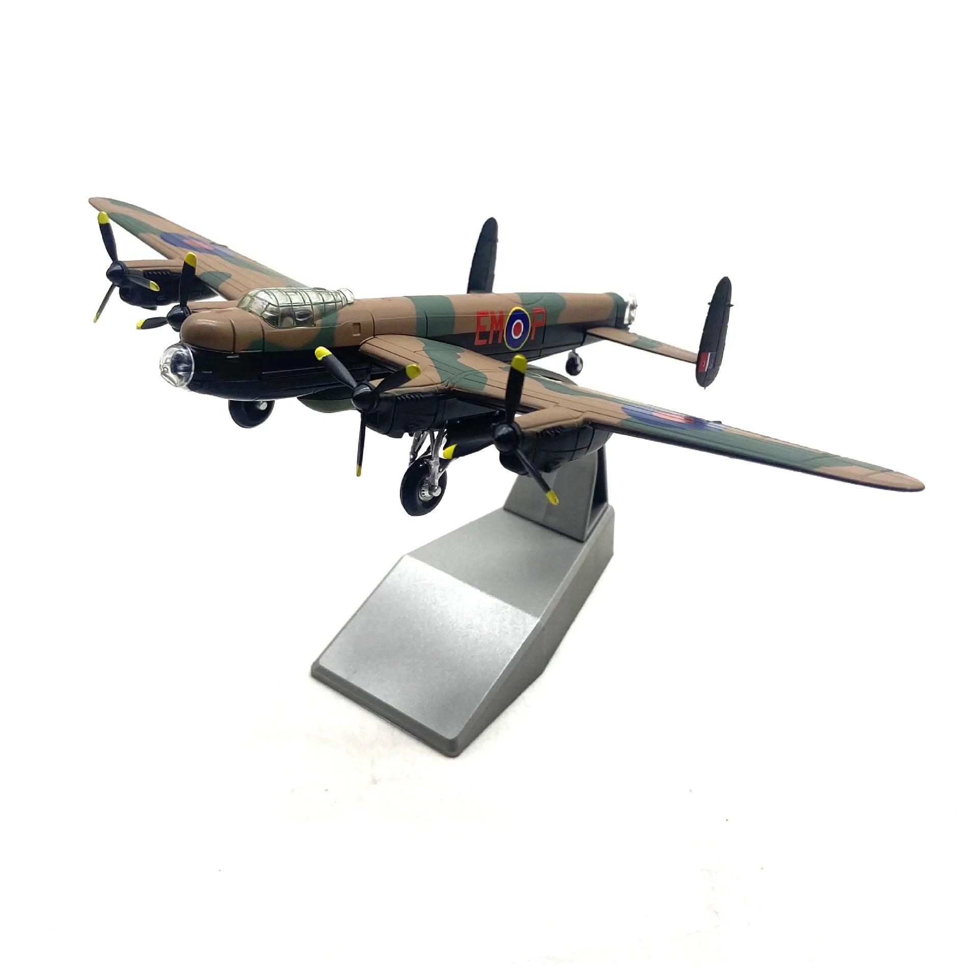 1:72 Scale QCYL280-Lancaster Diecast Model airplane on a stand with camouflage design against a white background