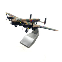1:72 Scale QCYL280-Lancaster Diecast Model airplane on a stand with camouflage design against a white background