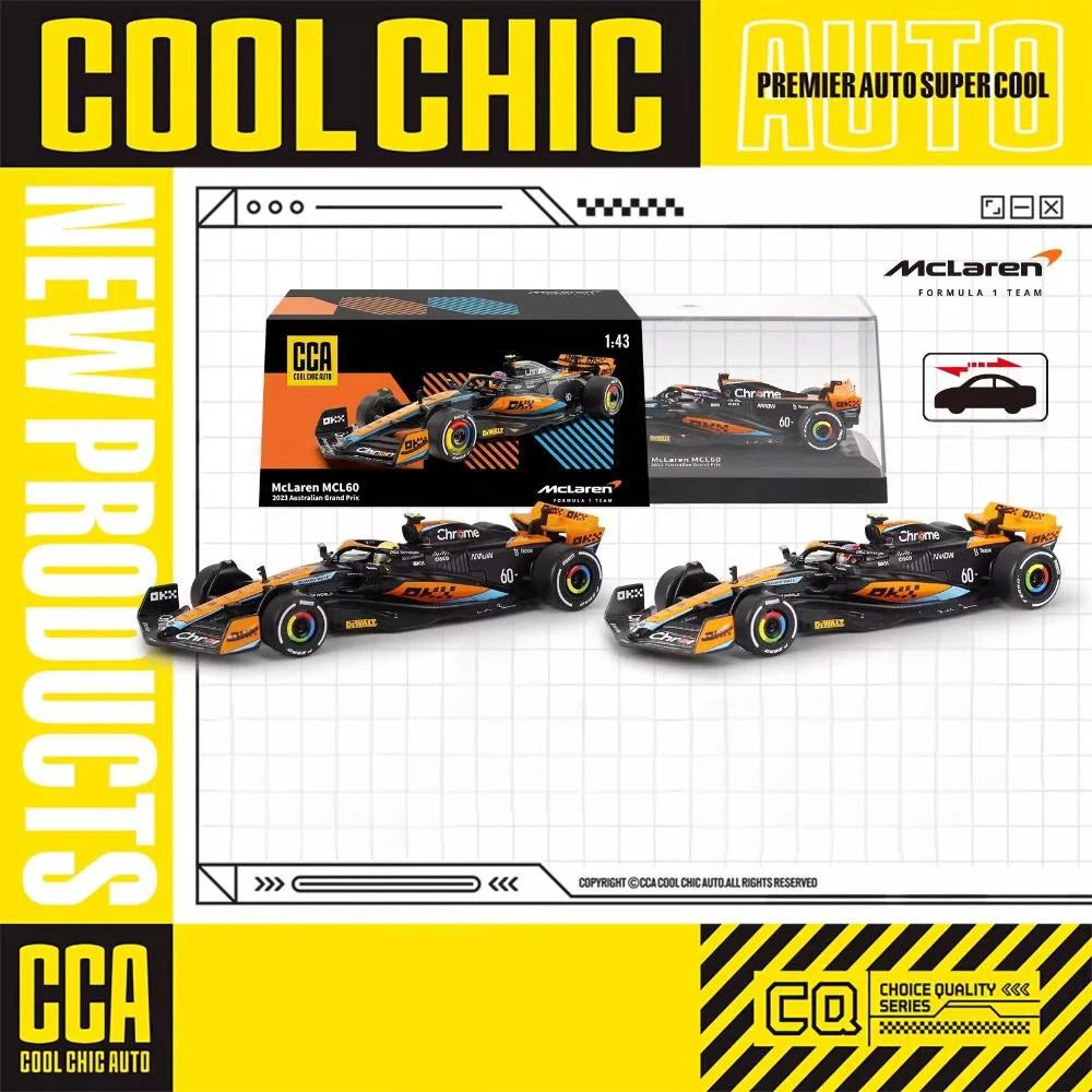 Promotional image of McLaren Formula 1 cars with packaging and branding elements.