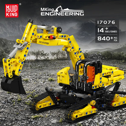 Yellow excavator toy set with Mould King branding on a rocky background