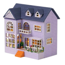 Miniature purple dollhouse with measurements on a white background
