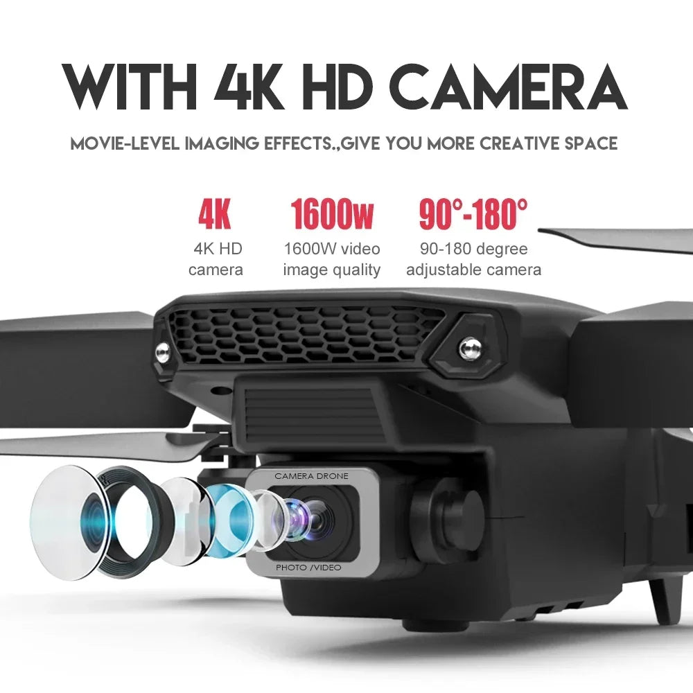 Drone with 4K HD camera and specifications on a white background