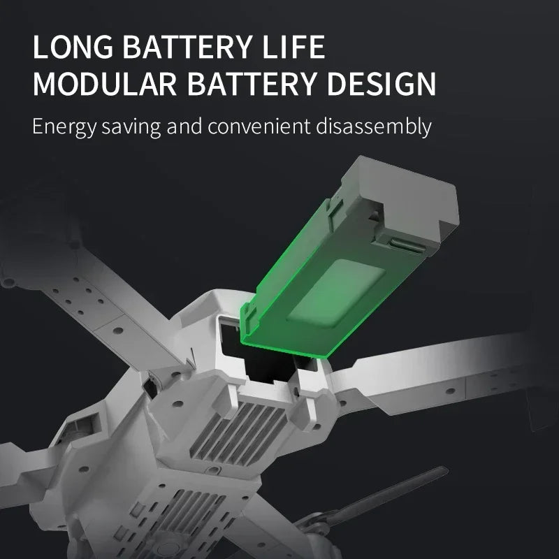 Modular battery design on a drone with text highlighting long battery life and energy saving.