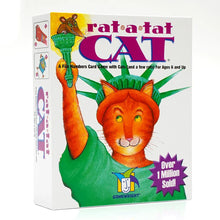 Box of 'Rata Rata Cat' card game with colorful illustration of a cat wearing a green hat.