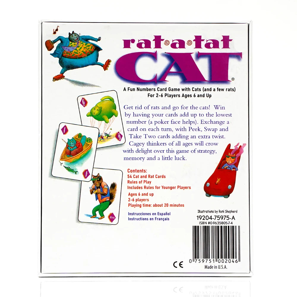 Card game packaging for 'Rat-a-tat Cat' with colorful illustrations and text.