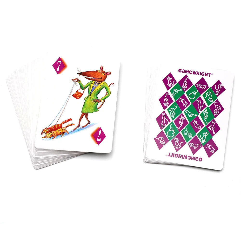 Card game with characters and patterns on cards, featuring the Gamewright brand.
