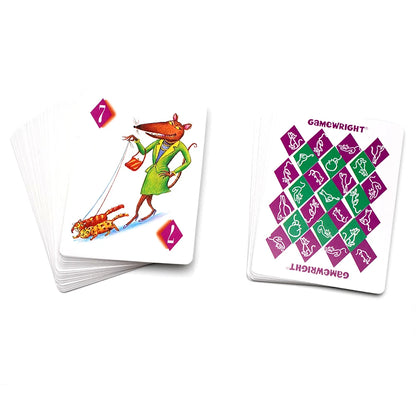Card game with characters and patterns on cards, featuring the Gamewright brand.