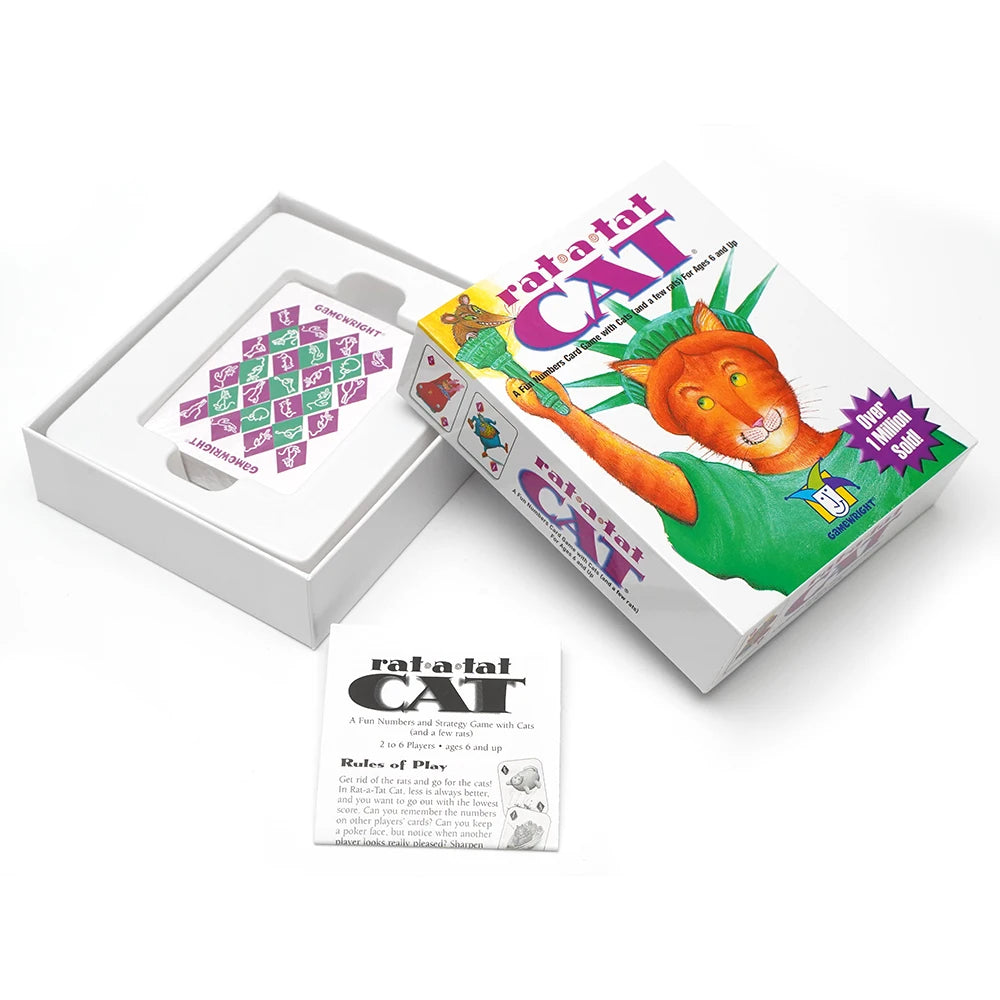 Card game packaging for 'rat-a-tat cat' with colorful illustration and text on a white background