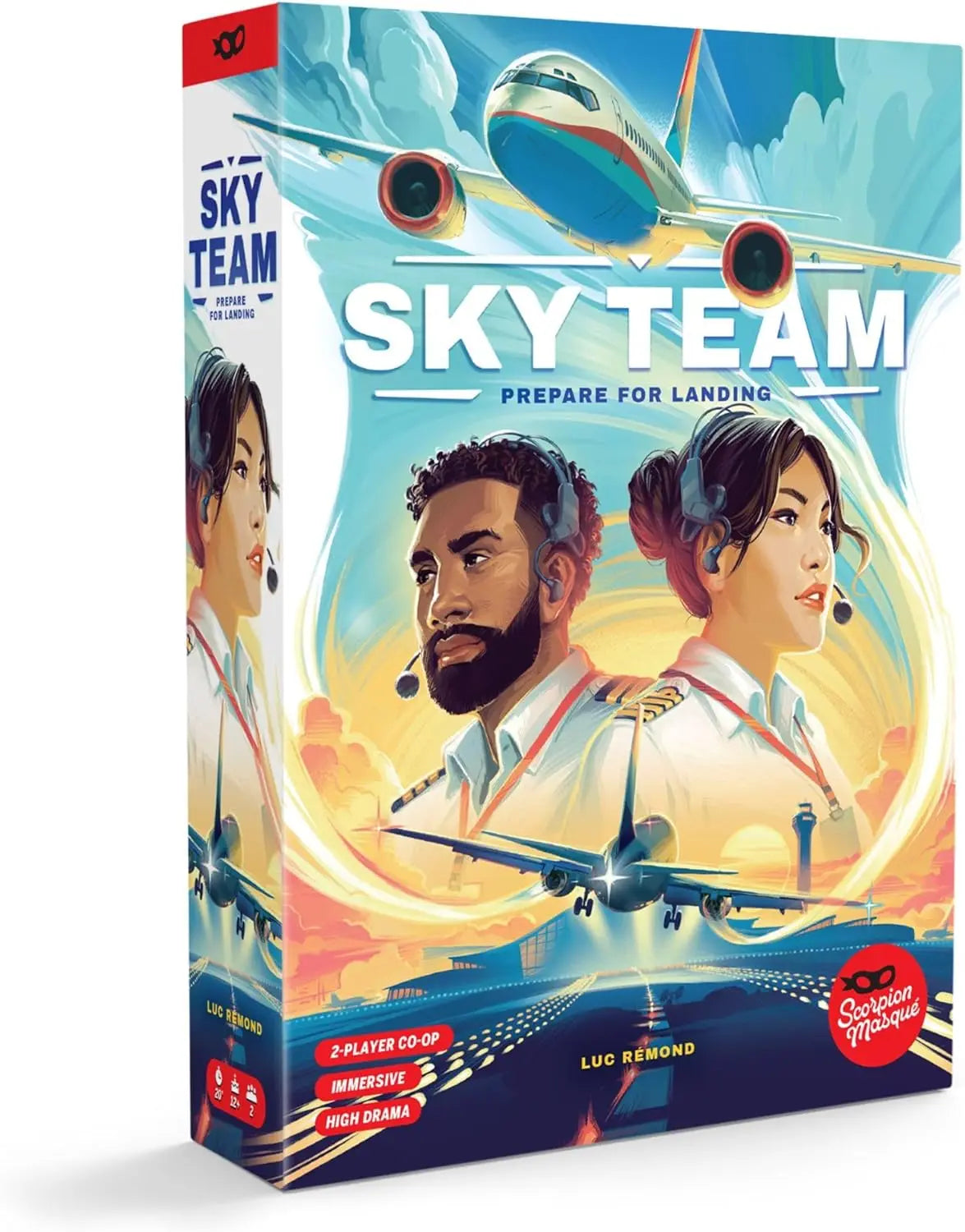 Board game box for 'Sky Team' with airplane and pilot illustration on a white background