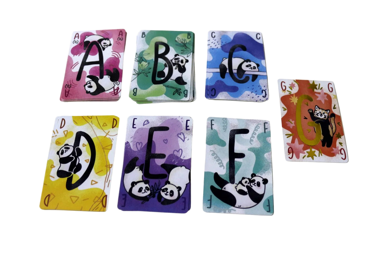 Set of colorful alphabet cards with panda illustrations on a white background