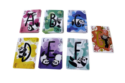Set of colorful alphabet cards with panda illustrations on a white background