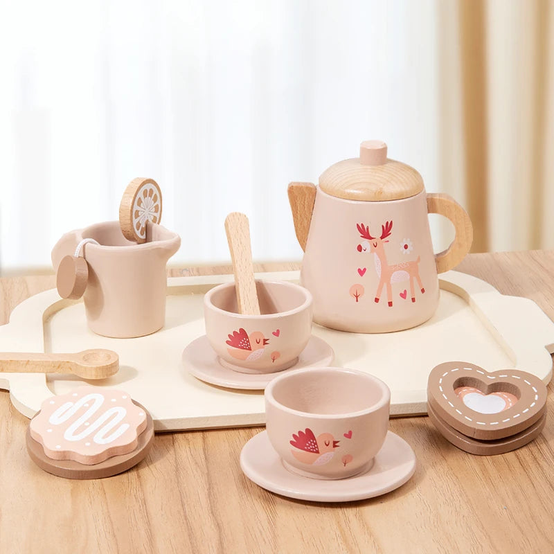 Children's Afternoon Tea Wooden Teatime Playset wooden tea set with deer design on a wooden surface