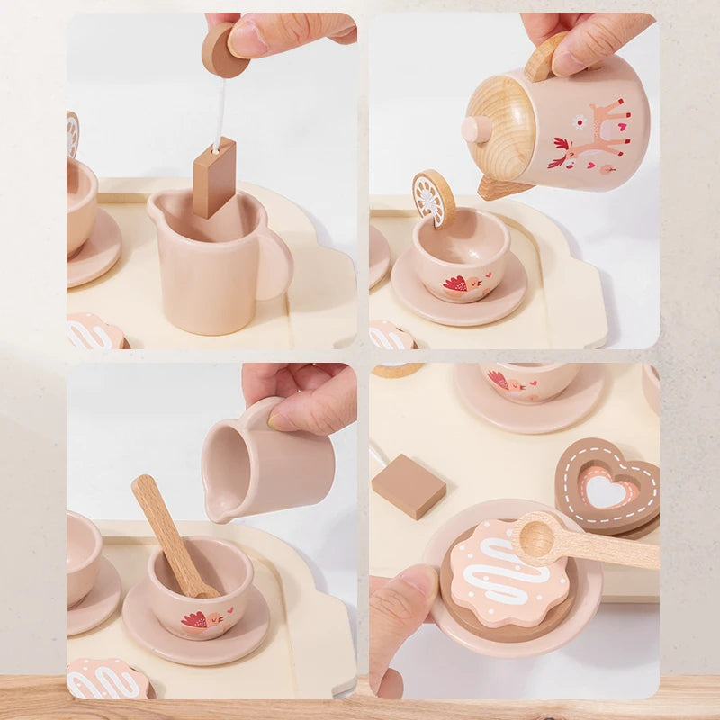 Collage of a wooden tea set with cups, saucers, and a spoon on a light background.