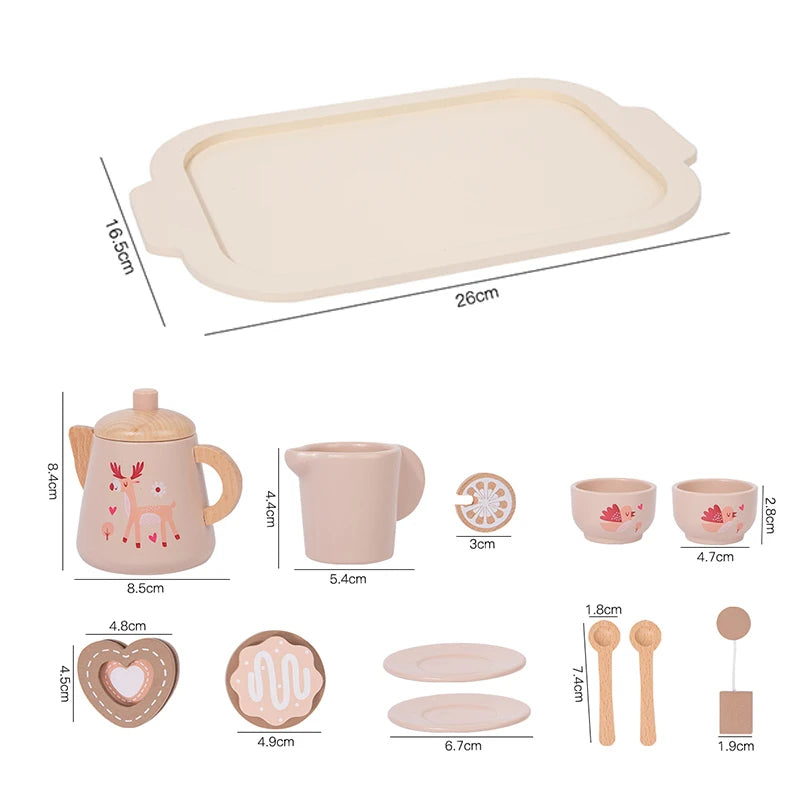 Children's Afternoon Tea Wooden Teatime Playset tea set with dimensions displayed on a white background