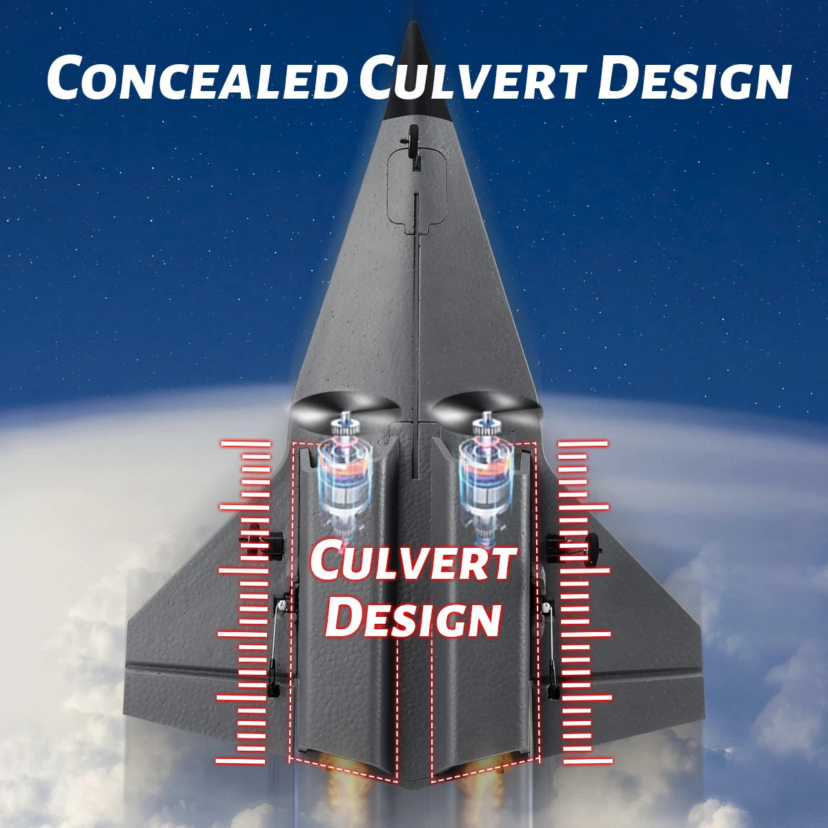 FlyBear FX9672 SR-72 Darkstar RC Jet Airplane 4CH 6-axis RTF with 'Concealed Culvert Design' text and measurements against a space background.