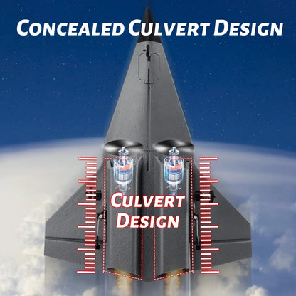 FlyBear FX9672 SR-72 Darkstar RC Jet Airplane 4CH 6-axis RTF with 'Concealed Culvert Design' text and measurements against a space background.