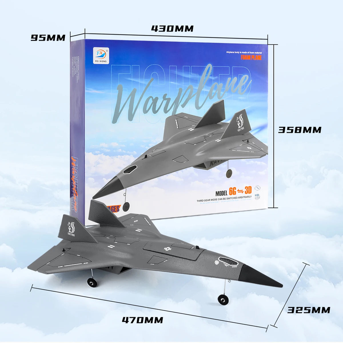 Model fighter plane with packaging and dimensions displayed