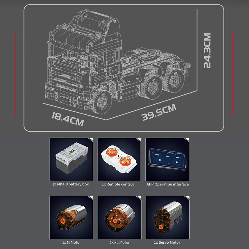 MOULD KING 13203 Technical Scania Truck Building Blocks Model truck with dimensions and components on a gray background