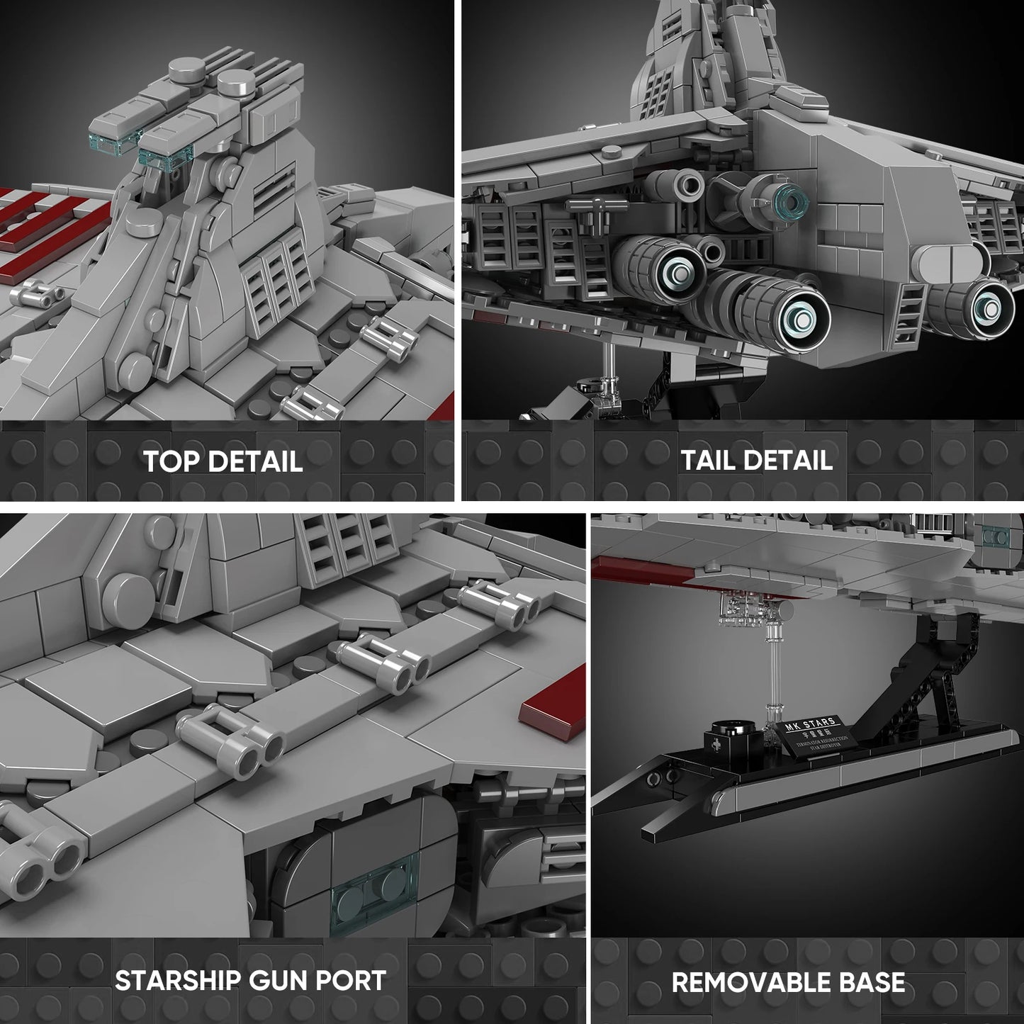 Collage of a detailed model spaceship with close-up shots of top, tail, gun port, and base features.