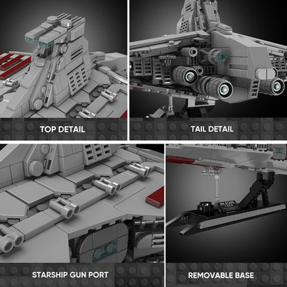 Collage of a detailed model spaceship with close-up shots of top, tail, gun port, and base features.