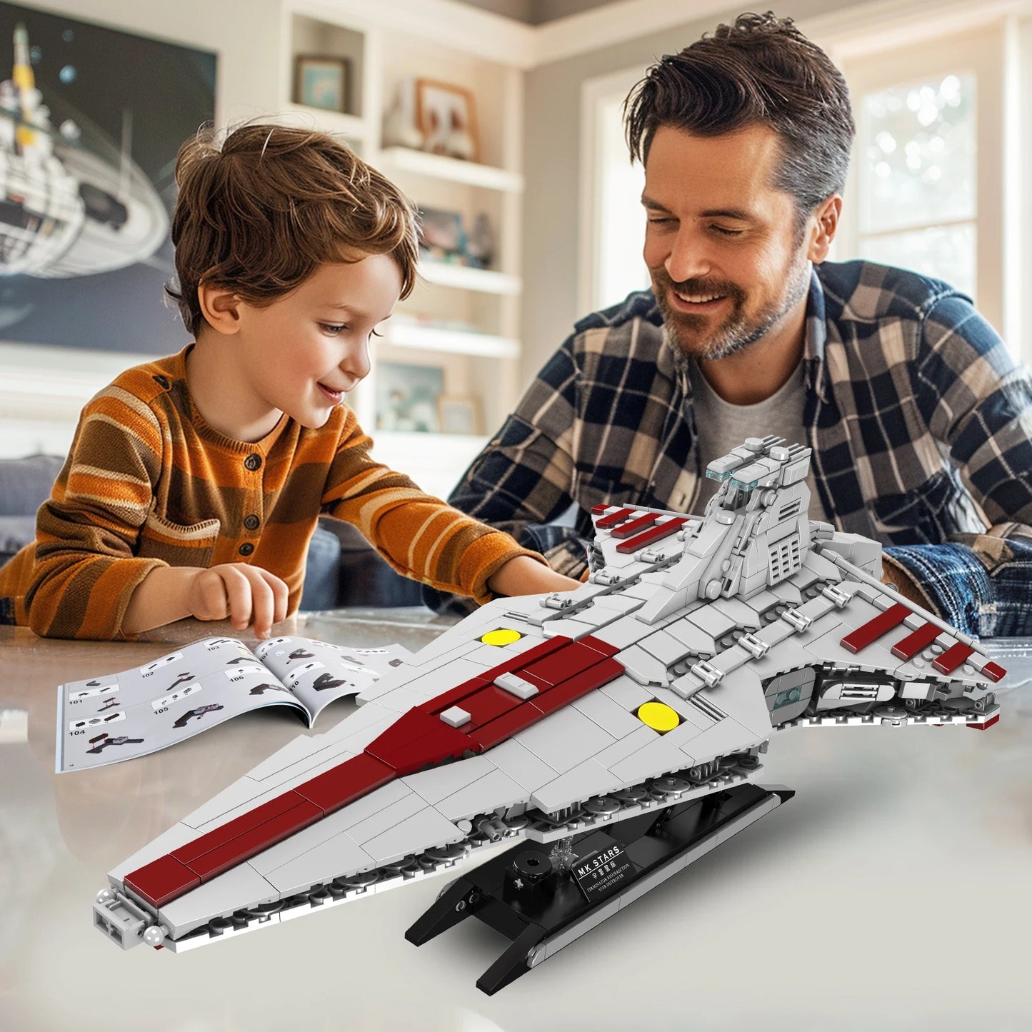 Man and child building a Lego spaceship model together.