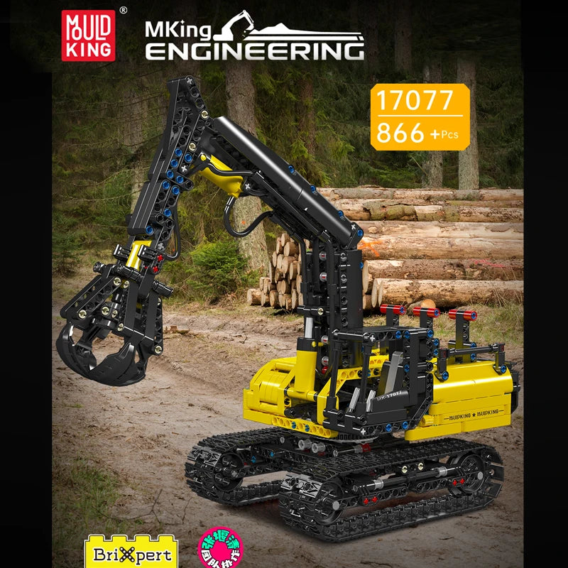 Model excavator toy with tracks and claw attachment in front of stacked logs, branded as Meking Engineering.