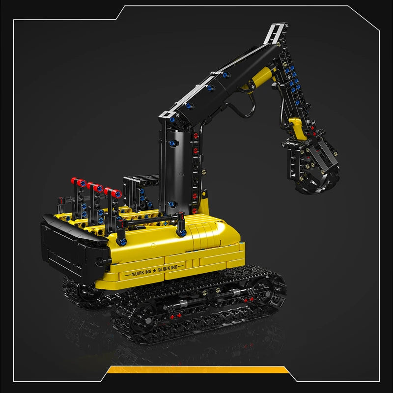 Toy excavator model made of interlocking bricks on a dark background