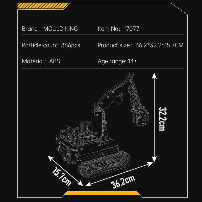 Product details of a construction vehicle model kit on a black background