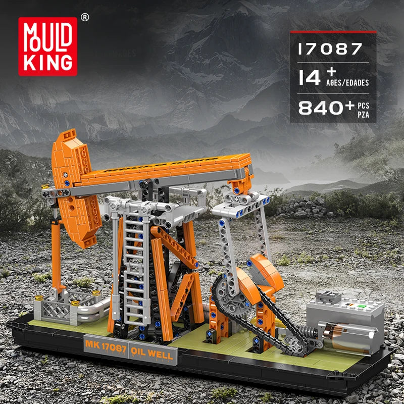 Mould King oil well model building kit with detailed components on a rocky landscape background.