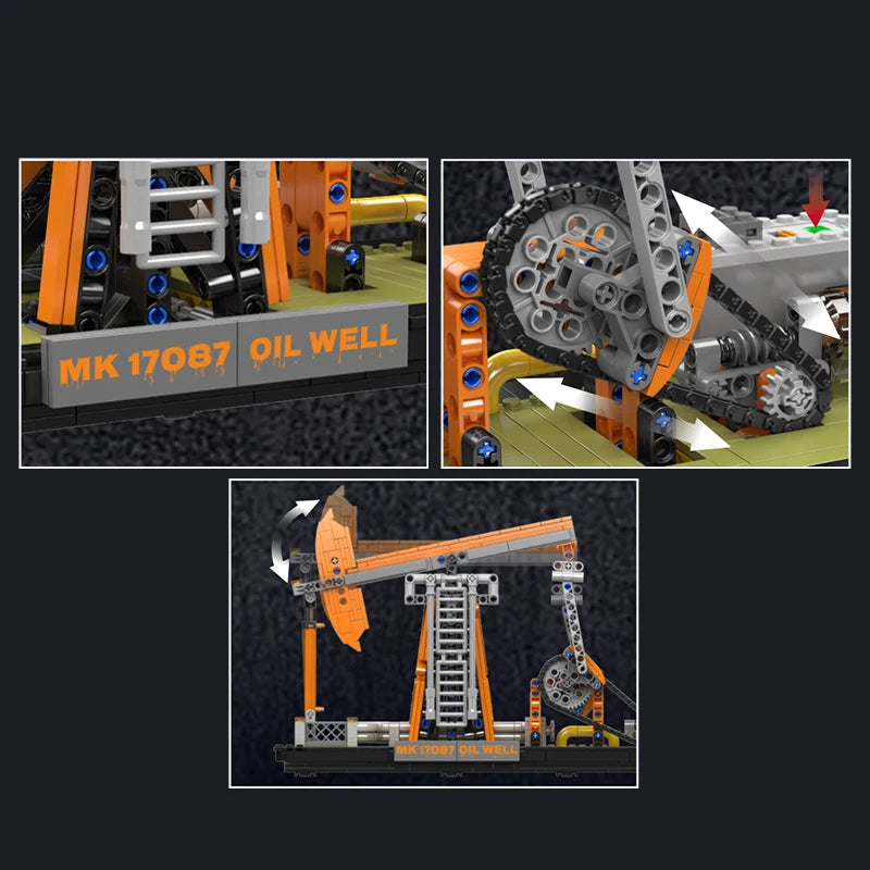 Collage of a LEGO model of an oil well with detailed components on a dark background.