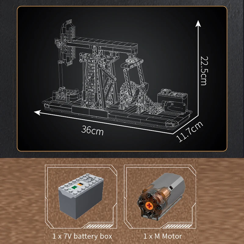 Technical drawing of a mechanical model with dimensions and components like a battery box and motor.