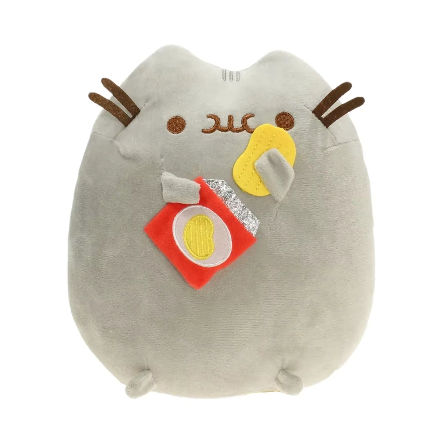 Plush toy resembling a cat with antlers and a hot dog on a white background