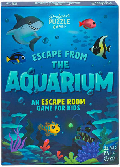 Box of 'Escape from the Aquarium' escape room game for kids with underwater theme and colorful fish illustrations.