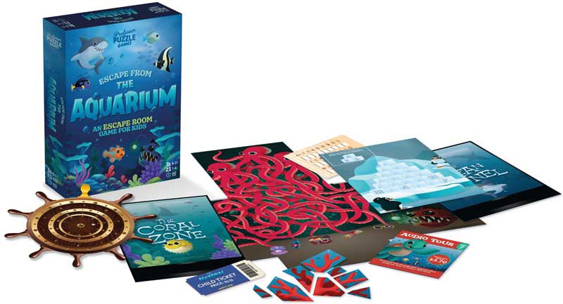 Board game set with 'Escape from the Aquarium' box and various game pieces on a white background