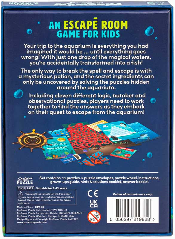 Back of an escape room game for kids packaging with text and images.