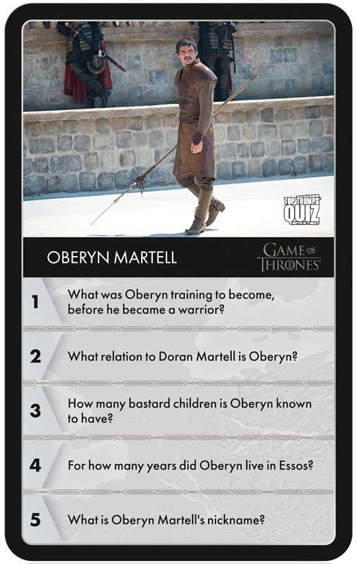 Card featuring Oberyn Martell from 'Game of Thrones' with trivia questions.