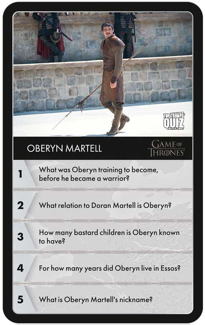 Card featuring Oberyn Martell from 'Game of Thrones' with trivia questions.
