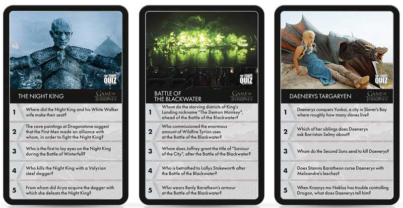 Game of Thrones Top Trumps Quiz | 500 Questions Across All 8 Seasons Three game cards featuring characters and questions from a fantasy series.