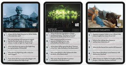 Game of Thrones Top Trumps Quiz | 500 Questions Across All 8 Seasons Three game cards featuring characters and questions from a fantasy series.