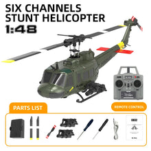 Toy helicopter with remote control and parts list on a white background