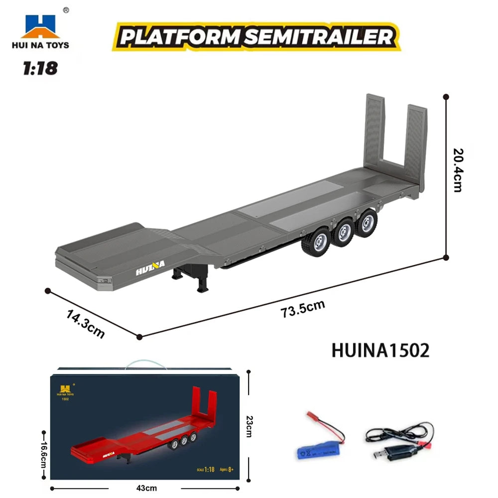 Model platform semitrailer with dimensions and HUINA Toys branding on a white background