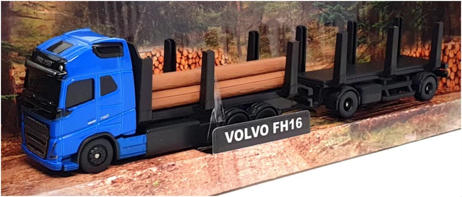 Model of a blue Volvo FH16 truck with logs on a scenic background