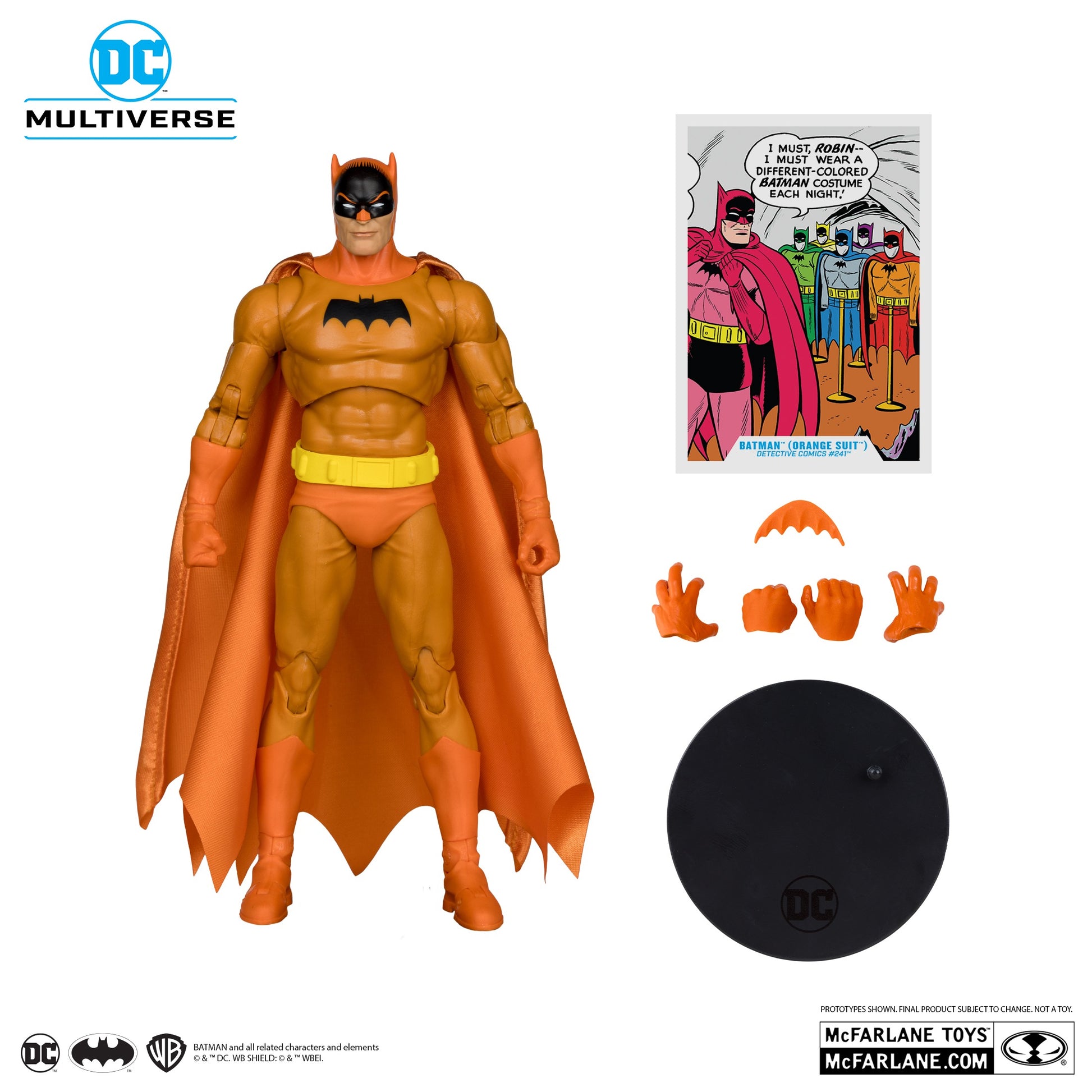 Batman action figure with cape and accessories, featuring DC Multiverse branding.
