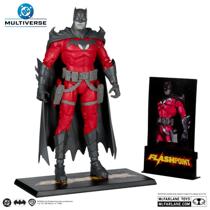Batman action figure in red and gray costume with Flashpoint display stand on white background