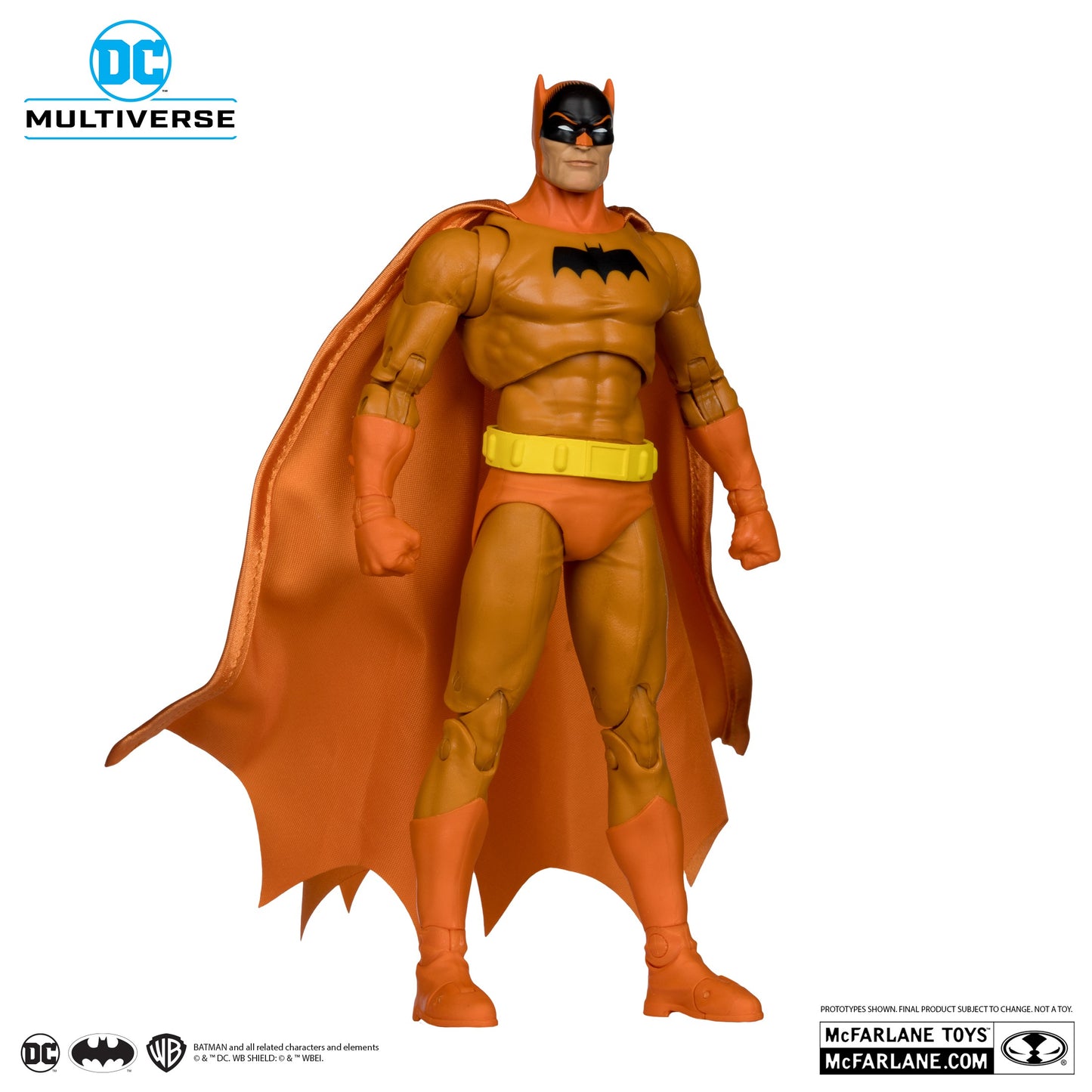 Batman action figure with orange costume and cape on a white background, featuring DC Multiverse logo.