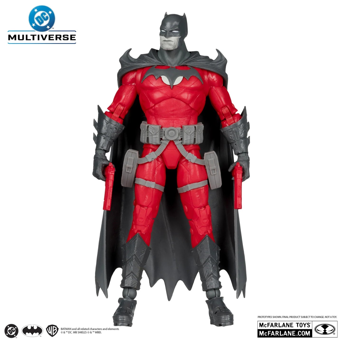 Batman action figure in red and gray costume with Multiverse logo above