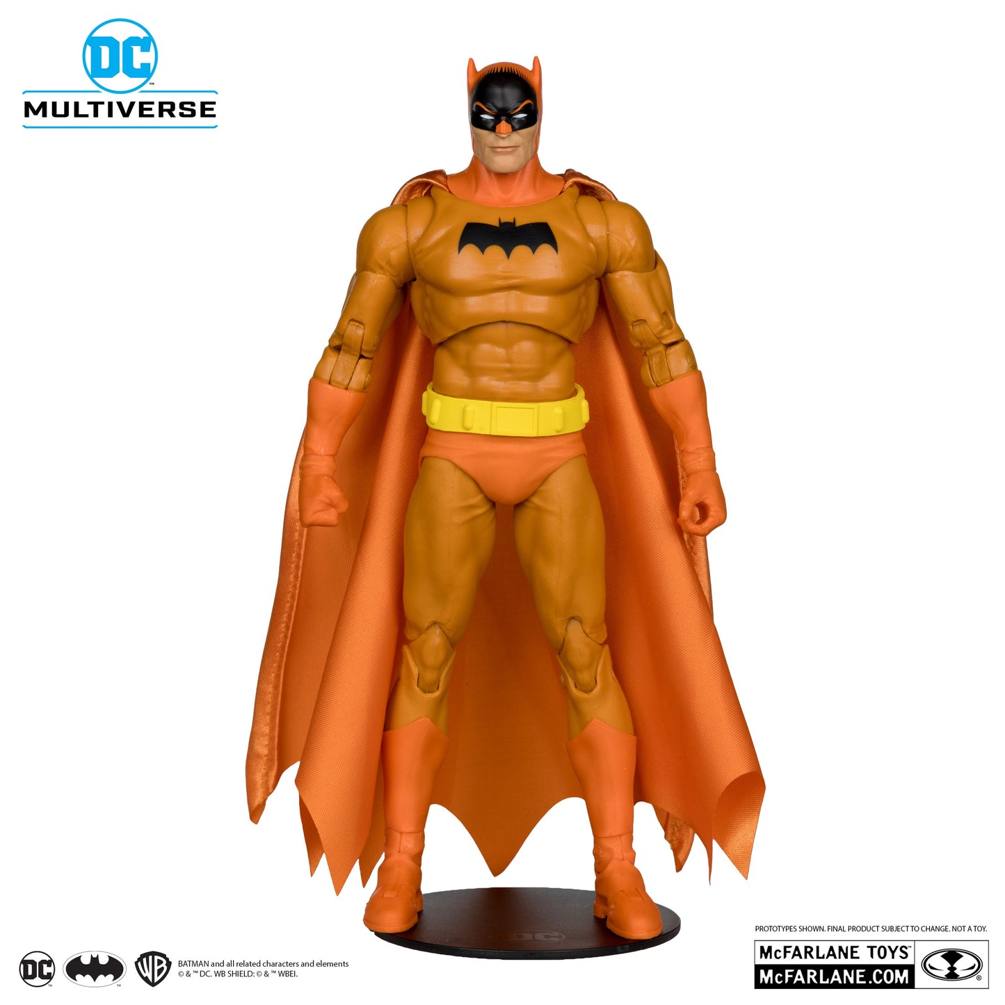 Batman action figure with orange costume and cape on a white background, featuring DC Multiverse logo.