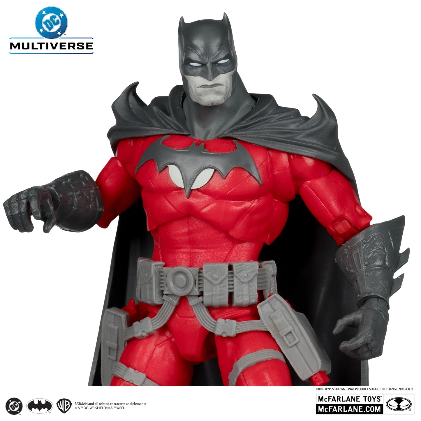 Action figure of a superhero in red and black costume with 'Multiverse' branding.