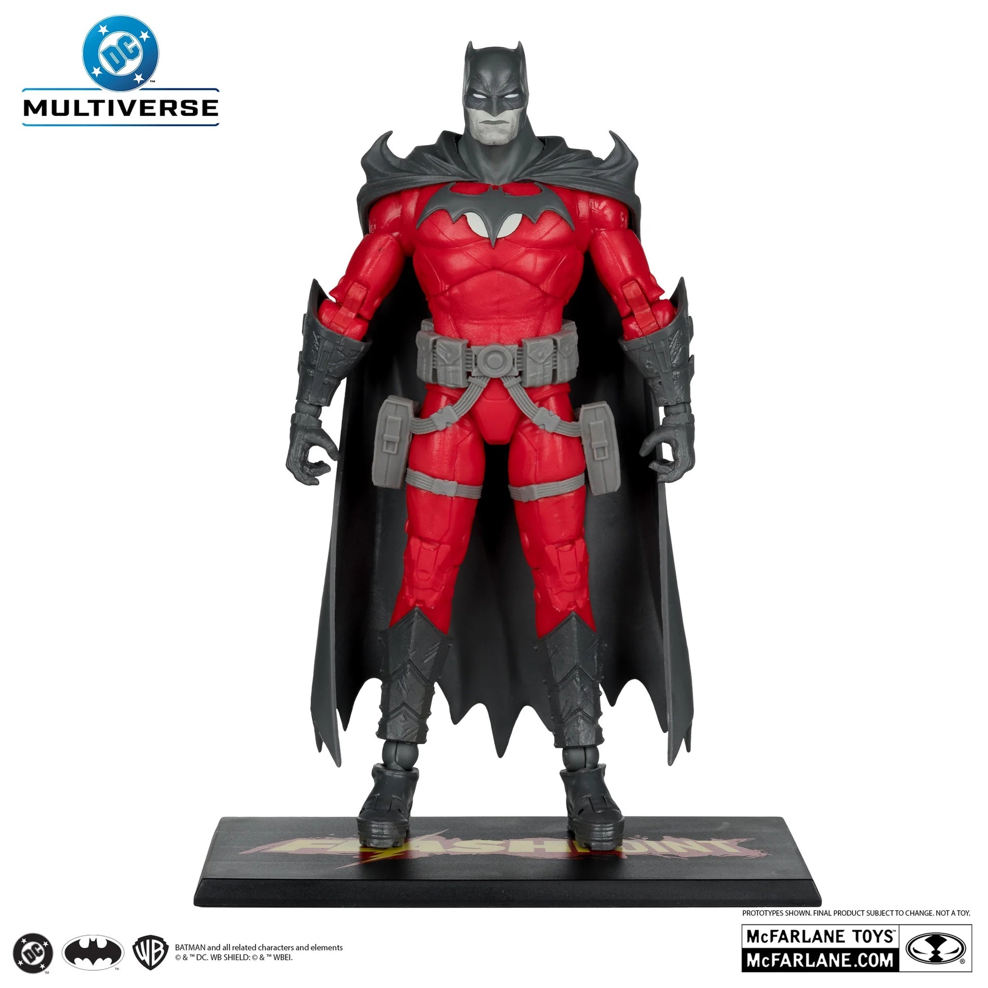 Batman action figure in red and black costume with Multiverse logo above
