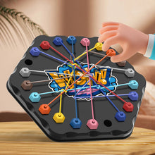 Colorful puzzle game with a hand interacting with it on a wooden surface.